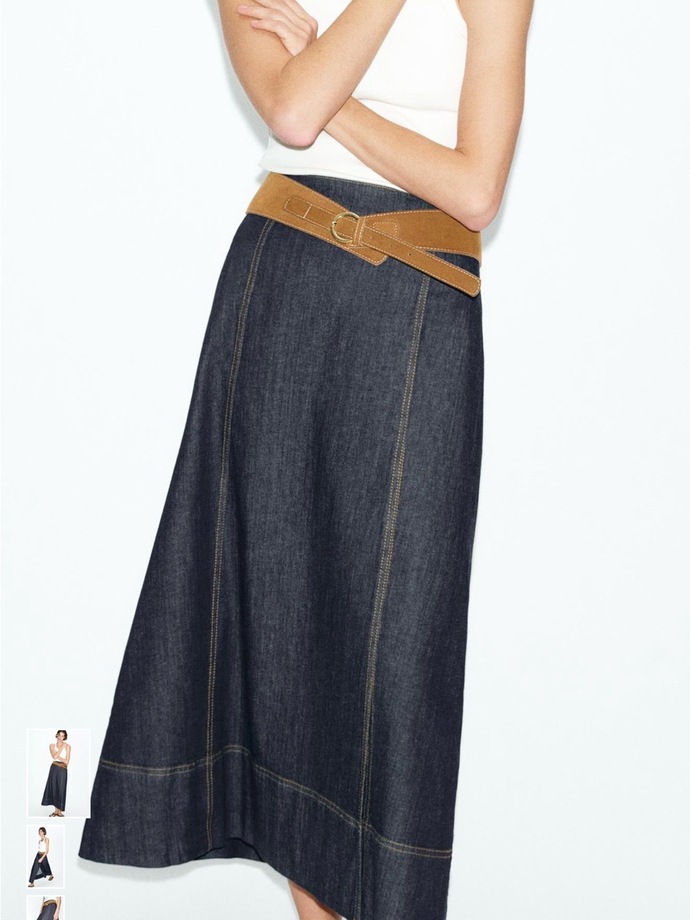 Zara Dark Denim Maxi Skirt with Contrast Belt